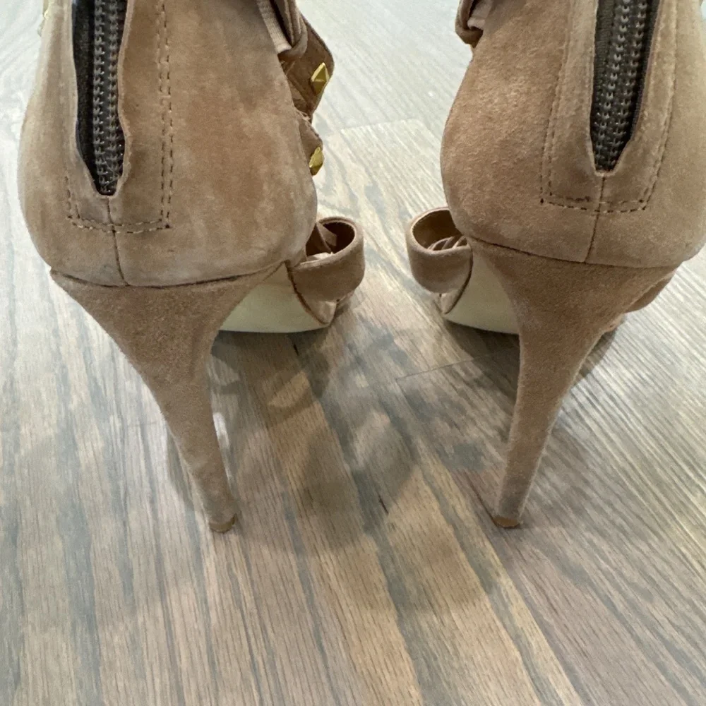 Ladies size 8.5 fringe open toe heels. 2 pair - taupe and beige